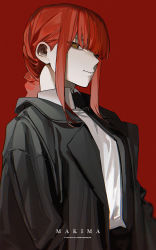 Rule 34 | 1girl, @ @, bad id, bad twitter id, black jacket, black pants, chainsaw man, collared shirt, english text, highres, jacket, k00s, long hair, looking at viewer, makima (chainsaw man), pants, ponytail, red hair, ringed eyes, shirt, sidelocks, smile, solo, standing, upper body, white shirt, yellow eyes
