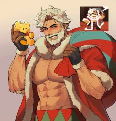 Rule 34 | 1boy, abs, absurdres, bara, beard, chengzhineixihuanxiaogou, christmas, cookie run, eggnog cookie, facial hair, highres, looking at viewer, mature male, muscular, muscular male, pectoral cleavage, pectorals, smile, stuffed toy, white hair
