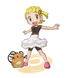 Rule 34 | 1girl, :d, bike shorts under skirt, blonde hair, blue eyes, bonnie (pokemon), brown shirt, commentary request, creatures (company), dedenne, elizabeth (tomas21), eyelashes, game freak, gen 6 pokemon, hair ornament, hairclip, happy, highres, legs apart, nintendo, open mouth, outstretched arms, pink footwear, poke ball symbol, pokemon, pokemon (creature), pokemon xy, shirt, shoes, short hair, short sleeves, skirt, smile, standing, teeth, tongue, twitter username, upper teeth only, white background, white skirt