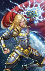 Rule 34 | 1boy, animification, armor, blonde hair, blue eyes, cape, clenched hand, earth (planet), hateko tanuki, holding, holding weapon, lightning, long hair, male focus, marvel, planet, sky, smile, solo, space, star (sky), starry sky, thor (marvel), weapon