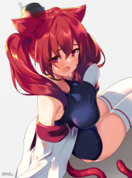 Rule 34 | 1girl, animal ears, azur lane, bare shoulders, blush, breasts, cat ears, cat tail, fang, heart, heart-shaped pupils, i-19 (azur lane), jacket, large breasts, long hair, looking at viewer, looking back, off shoulder, one-piece swimsuit, open mouth, red eyes, red hair, school swimsuit, sitting, solo, supershiruco, swimsuit, symbol-shaped pupils, tail, thighhighs, twintails, white thighhighs