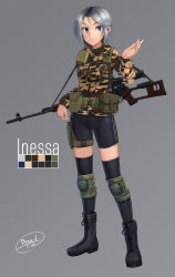 Rule 34 | 1girl, absurdres, bad id, bad pixiv id, bike shorts, blue eyes, boots, camouflage, canteen, color guide, commentary, dragunov svd, dreadtie, full body, gun, gun sling, highres, holster, holstered, knee pads, load bearing equipment, original, pouch, rifle, short hair, signature, silver hair, simple background, sniper rifle, solo, thick eyebrows, thigh holster, thighhighs, weapon