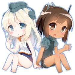 Rule 34 | 2girls, blonde hair, blue eyes, blush, brown eyes, brown hair, chibi, commentary request, cosplay, costume switch, cropped jacket, garrison cap, hair ornament, hairclip, hat, i-401 (kancolle), i-401 (kancolle) (cosplay), kantai collection, long hair, looking at viewer, military, military uniform, multiple girls, one-piece swimsuit, open mouth, ponytail, puffy sleeves, sailor collar, shirt, short hair, side-tie shirt, simple background, sitting, sleeveless, sleeveless shirt, swimsuit, swimsuit under clothes, tan, tousaki shiina, u-511 (kancolle), u-511 (kancolle) (cosplay), uniform