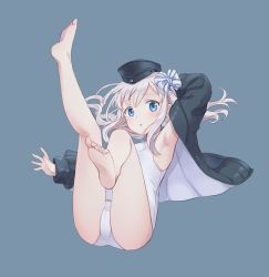 Rule 34 | 1girl, armpits, ass, bare legs, barefoot, blue eyes, blush, commentary request, emia wang, garrison cap, hair between eyes, hair ornament, hair ribbon, hat, kantai collection, legs, legs up, long hair, long sleeves, looking at viewer, one-piece swimsuit, open mouth, puffy long sleeves, puffy sleeves, ribbon, simple background, soles, solo, swimsuit, swimsuit under clothes, thighs, toes, u-511 (kancolle), white hair