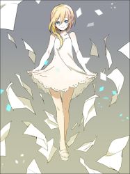 Rule 34 | 1girl, bare arms, bare shoulders, blonde hair, blue eyes, closed mouth, clothes lift, collarbone, dress, dress lift, full body, gradient background, hair between eyes, hair over shoulder, kingdom hearts, lifting own clothes, long hair, namine, paper, sandals, smile, solo, white dress, white footwear, yurichi (artist)
