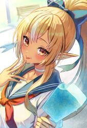 1girl :p absurdres alternate_costume blonde_hair blue_sailor_collar blush bow candy choker commentary dark-skinned_female dark_skin elf food hair_bow high_ponytail highres holding holding_candy holding_food holding_lollipop hololive hot incoming_food lollipop long_hair looking_at_viewer madopen multicolored_hair neckerchief outdoors pointy_ears ponytail red_neckerchief sailor_collar school_uniform serafuku shiranui_flare shirt short_sleeves sidelocks solo streaked_hair summer tongue tongue_out virtual_youtuber white_choker white_shirt