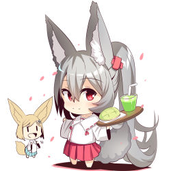 Rule 34 | 2girls, animal ears, barefoot, bendy straw, blue skirt, blush, bread, brown hair, chibi, closed mouth, collarbone, collared shirt, commentary request, cup, drinking glass, drinking straw, food, fox ears, fox girl, fox tail, grey hair, hair between eyes, hair ornament, hairclip, high ponytail, highres, holding, holding tray, long hair, long sleeves, looking at viewer, melon bread, multiple girls, original, petals, pleated skirt, ponytail, red eyes, red skirt, shadow, shirt, short hair, skirt, smile, tail, tray, very long hair, white background, white shirt, wide sleeves, yuuji (yukimimi)