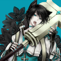 Rule 34 | 1boy, animal ears, arch bishop (ragnarok online), black flower, black hair, blue background, blue coat, blue eyes, blue theme, cat ears, choker, coat, commentary request, cross, cross necklace, ear piercing, fingerless gloves, flower, gloves, hair between eyes, jewelry, large cross, licking, licking weapon, looking to the side, male focus, misuguu, multicolored coat, necklace, open mouth, piercing, ragnarok online, short hair, simple background, solo, teeth, tongue piercing, two-tone coat, upper body, weapon, white coat