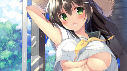 Rule 34 | 1girl, :d, arm up, blue sky, blush, breasts, brown hair, cloud, cloudy sky, covered erect nipples, crop top, crop top overhang, day, green eyes, hair between eyes, hair ornament, hairclip, hat, highres, large breasts, long hair, looking at viewer, neckerchief, open mouth, original, outdoors, sanshoku amido, short sleeves, sidelocks, sky, smile, solo, straw hat, sun hat, underboob, yellow neckerchief
