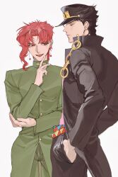 2boys absurdres belt black_hair black_hat black_jacket black_pants closed_eyes collar_chain_(jewelry) cowboy_shot earrings gakuran green_jacket green_pants hat highres jacket jewelry jojo_no_kimyou_na_bouken kakyoin_noriaki kuujou_joutarou male_focus mashiro_andy multiple_boys open_mouth pants parted_bangs pink_shirt print_belt red_eyes red_hair school_uniform shirt short_hair single_sidelock smile stud_earrings triangle_print white_background