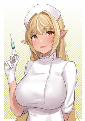 Rule 34 | 1girl, absurdres, alternate costume, blonde hair, blush, breasts, dark-skinned female, dark skin, dh-zone, dress, elf, hair down, hair intakes, hat, highres, hololive, large breasts, long hair, long sleeves, looking at viewer, multicolored hair, nurse, nurse cap, parted lips, pointy ears, red eyes, shiranui flare, sleeves rolled up, smile, solo, streaked hair, syringe, upper body, very long hair, virtual youtuber, white dress, white hair