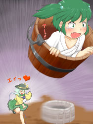 Rule 34 | 2girls, blouse, blush, bow, bucket, eyeball, closed eyes, fang, female focus, green eyes, green hair, hair bobbles, hair ornament, hat, hat bow, heart, in bucket, in container, kisume, komeiji koishi, multiple girls, nishishi, open mouth, scared, shirt, short hair, skirt, smile, tears, third eye, throwing, touhou, translation request, twintails, two side up, well