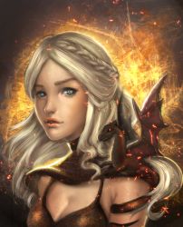 Rule 34 | 1girl, a song of ice and fire, animal, animal on shoulder, bad id, bad pixiv id, blue eyes, braid, breasts, cleavage, daenerys targaryen, dragon, drogon, embers, french braid, from side, lips, long hair, looking at viewer, parted lips, sangrde, tail, tail wrap, turtleneck, upper body, white hair