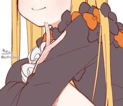 Rule 34 | 1girl, abigail williams (fate), black bow, black dress, blonde hair, blush, bow, closed mouth, dress, fate/grand order, fate (series), fingernails, hand up, head out of frame, long hair, long sleeves, orange bow, signature, simple background, smile, sofra, solo, twitter username, unfinished, very long hair, white background