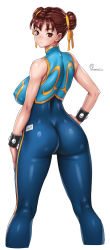 Rule 34 | 1girl, alternate costume, ass, bare shoulders, bodysuit, bracelet, breasts, brown eyes, brown hair, capcom, chun-li, commentary request, double bun, covered erect nipples, from behind, hair bun, hair ribbon, highres, jewelry, large breasts, looking at viewer, looking back, onomeshin, pixiv, ribbon, signature, skin tight, sleeveless, solo, standing, street fighter, street fighter zero (series), studded bracelet, thighs, unitard, vest, white background