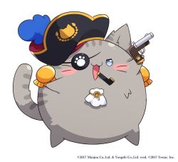 1other azur_lane blue_eyes copyright_name epaulettes eyepatch grey_cat gun hat holding holding_gun holding_weapon meowfficer_(azur_lane) muuran official_art open_mouth pirate_hat roberts_(meowfficer)_(azur_lane) simple_background smoking_pipe weapon white_background