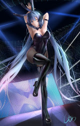 Rule 34 | 1girl, ;3, absurdres, animal ears, arm strap, armpits, arms up, azur lane, bare shoulders, black bow, black bowtie, black footwear, black leotard, black pantyhose, blue eyes, blue hair, blush, boots, bow, bowtie, breasts, cleavage, closed mouth, commentary, covered navel, fake animal ears, full body, hair between eyes, hair intakes, head tilt, headgear, high heel boots, high heels, highres, indoors, large breasts, leotard, long hair, looking at viewer, monitor, new jersey (azur lane), new jersey (exhilarating steps!) (azur lane), official alternate costume, one eye closed, pantyhose, pantyhose under thighhigh, playboy bunny, pole, pole dancing, rabbit ears, shadow, shigatsu (4gate), sidelocks, signature, smile, solo, stage, stage lights, standing, standing on one leg, stripper pole, thigh boots, thighhighs, thighhighs over pantyhose, very long hair