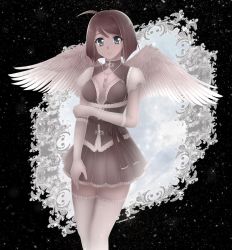 Rule 34 | 1girl, abstract background, ahoge, angel wings, bow, bra, breasts, brown hair, buckle, cleavage, corset, crystal, fantasy, gloves, grey eyes, jewelry, lace, lace-trimmed bra, lace-trimmed legwear, lace-trimmed skirt, lace trim, legs, looking at viewer, medium breasts, monochrome, muted color, necklace, nyaaan, original, pleated skirt, revision, see-through, see-through legwear, sheer gloves, short hair, signature, skirt, smile, solo, thighhighs, underwear, waist bow, wings, zettai ryouiki