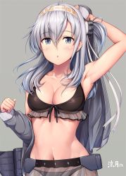 Rule 34 | 1girl, :o, arm behind head, armpits, bare shoulders, bikini, black bikini, blue eyes, blush, breasts, character name, cleavage, clothes writing, collarbone, front-tie bikini top, front-tie top, full body, grey background, grey hair, grey jacket, groin, hachimaki, hair between eyes, hair ornament, headband, highres, holding, holding clothes, holding jacket, ichikawa feesu, jacket, kantai collection, long hair, looking at viewer, machinery, medium breasts, navel, one side up, open mouth, outstretched arms, rigging, see-through, shiny skin, sidelocks, simple background, smile, solo, star (symbol), stomach, suzutsuki (kancolle), swimsuit, upper body, white headband