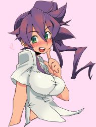 Rule 34 | 1girl, blush, breasts, coso-ri, drill hair, green eyes, heart, large breasts, long hair, looking at viewer, open mouth, original, purple hair, shirt, short sleeves, side ponytail, smile, solo, umizakura tachimi
