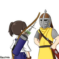 Rule 34 | 10s, 1boy, 1girl, bow (weapon), brown hair, crossover, guard (skyrim), helmet, kaga (kancolle), kantai collection, quiver, rukotaro, sheath, sheathed, side ponytail, simple background, sword, the elder scrolls, the elder scrolls v: skyrim, weapon