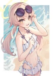 Rule 34 | 1girl, bare arms, bare legs, bare shoulders, beach, bikini, blue archive, blush, breasts, cleavage, collarbone, cowboy shot, eyewear on head, hair between eyes, halo, hifumi (blue archive), hifumi (swimsuit) (blue archive), highres, light brown hair, long hair, looking at viewer, low twintails, navel, ocean, official alternate costume, open mouth, outdoors, ricke 2002, round eyewear, small breasts, smile, solo, sunglasses, swimsuit, twintails, white bikini, yellow eyes, yellow halo