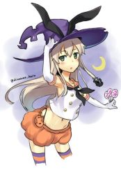 Rule 34 | 10s, 1girl, alternate costume, anchor hair ornament, animal ears, candy, crescent moon, crop top, crop top overhang, elbow gloves, food, gloves, green eyes, grey hair, hair ornament, halloween, halloween costume, hat, kantai collection, long hair, looking at viewer, midriff, moon, navel, rabbit ears, sailor collar, shimakaze (kancolle), shinonome haru, skirt, solo, striped clothes, striped thighhighs, thighhighs, twitter username, white gloves, witch hat
