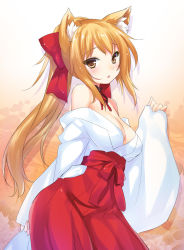 Rule 34 | 1girl, 47agdragon, :o, animal ears, arm behind back, bare shoulders, blonde hair, blush, bow, breasts, brown eyes, cleavage, contrapposto, cowboy shot, detached collar, fox ears, gradient background, hair bow, hakama, hakama skirt, highres, japanese clothes, long hair, long sleeves, looking at viewer, medium breasts, miko, off shoulder, open mouth, original, ponytail, red bow, red hakama, shiny skin, skirt, sleeves past wrists, solo, standing, wide sleeves
