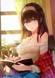 Rule 34 | 10s, 1girl, bare shoulders, black hair, blue eyes, blush, book, breasts, brown hair, cleavage, curtains, female focus, hairband, highres, idolmaster, idolmaster cinderella girls, jewelry, kim eb, large breasts, long hair, looking at viewer, necklace, necktie, off shoulder, open book, open mouth, parted lips, plant, potted plant, sagisawa fumika, shawl, solo, sweater, window
