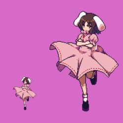Rule 34 | 1girl, animal ears, bad id, bad twitter id, commentary, dress, inaba tewi, jewelry, oshouyu tabetai, pendant, pink background, pink dress, pixel art, rabbit ears, rabbit girl, rabbit tail, solo, tail, touhou, urban legend in limbo