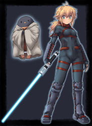 Rule 34 | 1girl, antenna hair, black bodysuit, black border, black gloves, blonde hair, blue outline, bodysuit, boots, border, breasts, closed mouth, commentary request, covered navel, energy sword, framed breasts, gloves, green eyes, grey footwear, grey robe, hair between eyes, highres, hijikata-san (m.m), holding, holding weapon, hood, hood down, hooded robe, koshirae tsurugi (m.m), lightsaber, long hair, long sleeves, low ponytail, m.m, outline, partially fingerless gloves, ponytail, robe, small breasts, smile, star wars, sword, weapon, wide sleeves