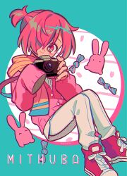 Rule 34 | 1boy, blue background, camera, candy, cardigan, closed mouth, fingernails, hair over one eye, highres, holding, holding camera, hooded cardigan, jibaku shounen hanako-kun, male focus, menma (enaic31), mitsuba sousuke, pants, pink cardigan, red eyes, red footwear, red hair, shirt, shoes, short ponytail, sleeves past fingers, sleeves past wrists, smile, sneakers, solo, trap, twitter username, white pants, white shirt, wrapped candy