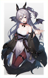Rule 34 | 1girl, absurdres, black jacket, border, bracelet, breasts, cleavage, commentary, dragon girl, dragon horns, dragon tail, dragon wings, dress, english commentary, feet out of frame, grey background, grey eyes, grey hair, hair between eyes, highres, horns, jacket, jewelry, kino (m6t2a), long hair, looking at viewer, medium breasts, nail polish, off shoulder, one side up, open mouth, original, pantyhose, red nails, red pantyhose, sideboob, simple background, sleeveless, sleeveless dress, smile, solo, tail, thigh strap, white dress, wings