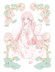 Rule 34 | 1girl, blush, closed mouth, commentary, fairy wings, floral print, flower, hair between eyes, highres, japanese clothes, kimono, long hair, long sleeves, looking at viewer, mattang, obi, original, pink flower, pink hair, pink wings, print kimono, red eyes, sandals, sash, sitting, sleeves past wrists, smile, socks, solo, symbol-only commentary, very long hair, white background, white flower, white footwear, white kimono, white socks, white wings, wide sleeves, wings, zouri