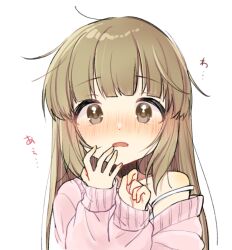 Rule 34 | 1girl, bare shoulders, blunt bangs, blush, brown eyes, brown hair, camisole, cardigan, dot nose, idolmaster, idolmaster cinderella girls, long bangs, long hair, long sleeves, looking at viewer, nose blush, off shoulder, oonishi nishio, open mouth, pink cardigan, portrait, sidelocks, simple background, sleeve cuffs, solo, straight-on, straight hair, strap slip, white background, white camisole, yorita yoshino