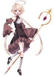 Rule 34 | 1girl, absurdres, black dress, blonde hair, deily (koyashaka), detached sleeves, dress, flat chest, full body, highres, koyashaka, long hair, lord of heroes, low twintails, mage staff, multicolored clothes, multicolored dress, original, purple eyes, red dress, shoes, socks, staff, twintails, white background