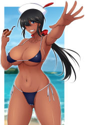 Rule 34 | 1girl, beach, bikini, black hair, blue eyes, blush, breasts, cameltoe, character request, cleavage, curvy, girls und panzer, grin, hat, kimura naoki, large breasts, long hair, looking at viewer, navel, ocean, ogin (girls und panzer), ponytail, smile, solo, standing, swimsuit