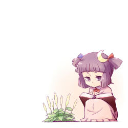Rule 34 | 1girl, aged down, alternate hairstyle, blunt bangs, book, cattail, child, crescent, crescent hair ornament, daitai konna kanji, female focus, hair ornament, hair ribbon, open book, patchouli knowledge, plant, purple eyes, purple hair, ribbon, robe, short eyebrows, short hair, short twintails, sidelocks, simple background, sitting, solo, squatting, staring, touhou, twintails
