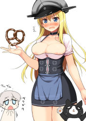 Rule 34 | 10s, 2girls, ^^^, alternate costume, apron, areola slip, b-ginga, bismarck (kancolle), blonde hair, blue apron, blush, breasts, bursting breasts, cat, cleavage, dirndl, food, german clothes, hat, kantai collection, large breasts, long hair, multiple girls, open mouth, peaked cap, pretzel, short sleeves, simple background, solid circle eyes, tears, undersized clothes, unsinkable sam, waist apron, white background, z1 leberecht maass (kancolle)