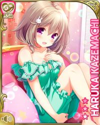 Rule 34 | 1girl, :d, barefoot, bed, bedroom, brown hair, rabbit hair ornament, card (medium), character name, collarbone, cyan bow, day, girlfriend (kari), hair ornament, hairclip, indoors, kazemachi haruka, looking at viewer, official art, open mouth, pillow, pink eyes, qp:flapper, short hair, short sleeves, sitting, sleepwear, smile, solo, tagme
