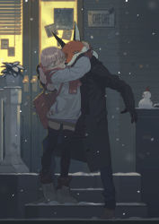 Rule 34 | 1boy, 1girl, bag, black scarf, window blinds, blush, boots, bow, face-to-face, fingerless gloves, flower, fox, gloves, hair bow, hat, highres, hug, charm (object), lan se fangying, medium hair, original, pink hair, red eyes, red scarf, scarf, shop, signature, skirt, smile, snow, snowman, stairs, star (symbol), storefront, sweater, thighhighs