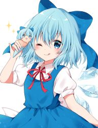 Rule 34 | 1girl, blue bow, blue dress, blue eyes, blue hair, blush, bow, cirno, cirno day, closed mouth, collared shirt, detached wings, dress, fairy, food, hair between eyes, hair bow, highres, holding, holding food, ice, ice cream, ice wings, kokoshira 0510, one eye closed, pinafore dress, puffy short sleeves, puffy sleeves, shirt, short hair, short sleeves, simple background, sleeveless, sleeveless dress, smile, solo, sparkle, tongue, tongue out, touhou, upper body, white background, white shirt, wings
