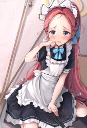 Rule 34 | 1girl, absurdres, alternate costume, apron, arm support, blue archive, blue bow, blue bowtie, borrowed clothes, bow, bowtie, broom, commentary, crying, crying with eyes open, dress, dustpan, enmaided, forehead, gokineko (roachcat), grey eyes, hair bow, halo, hand on own face, highres, long hair, looking at viewer, maid, maid apron, open mouth, red hair, solo, sweatdrop, tears, yellow halo, yuzu (blue archive), yuzu (maid) (blue archive)