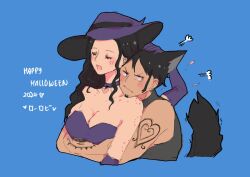 Rule 34 | 1boy, 1girl, 2024, animal costume, animal ears, arm tattoo, bite mark, black hair, blush, breasts, cleavage, closed eyes, closed mouth, couple, dated, devil fruit power, duckprotector26, extra arms, halloween, halloween costume, hana hana no mi, happy halloween, hat, hetero, hickey, highres, hug, large breasts, long hair, nico robin, one piece, shoulder tattoo, smile, tail, tattoo, trafalgar law, witch, witch hat, wolf costume, wolf ears, wolf tail