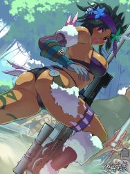 Rule 34 | 1girl, ass, black hair, blue gloves, boris (noborhys), breasts, commentary request, dark skin, gloves, headband, highres, large breasts, looking at viewer, mole, mole under mouth, nintendo, open mouth, red eyes, sharla (xenoblade), short hair, teeth, twitter username, upper teeth only, weapon, xenoblade chronicles (series), xenoblade chronicles 1, xenoblade chronicles (series)