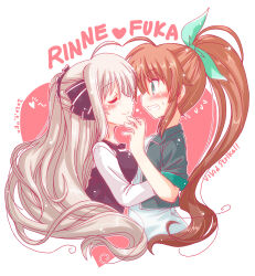 Rule 34 | 2girls, ahoge, black dress, black jacket, black ribbon, black scrunchie, blush, character name, closed eyes, commentary request, copyright name, cropped jacket, cropped torso, dated, dress, english text, facing another, flying sweatdrops, from side, frown, furafura, fuuka reventon, green ribbon, grey hair, grimace, hair ornament, hair ribbon, hair scrunchie, heart, high ponytail, highres, imminent kiss, jacket, long hair, long sleeves, looking at another, lynne (vocaloid), lyrical nanoha, multiple girls, partial commentary, pinafore dress, ponytail, ribbon, rinne berlinetta, scrunchie, shirt, short sleeves, sleeveless, sleeveless dress, smile, sweatdrop, very long hair, vivid strike!, white shirt, yuri