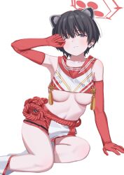 Rule 34 | 1girl, animal ears, black eyes, black hair, blue archive, blush, boots, breast curtain, breasts, elbow gloves, gloves, halo, highres, looking at viewer, medium breasts, one eye closed, raccoon ears, red gloves, red sailor collar, red skirt, revealing clothes, rope, rubbing eyes, ryuuforkaf, sailor collar, short hair, simple background, sitting, skirt, solo, tassel, tsubaki (blue archive), underboob, white background