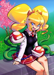 Rule 34 | 1girl, alternate costume, alternate hairstyle, blonde hair, blue eyes, breasts, colorfag, colorized, contemporary, deliciousorange, fang, hair ornament, hairclip, lipstick, long hair, makeup, mario (series), necktie, nintendo, open mouth, piranha plant, princess peach, school uniform, schoolgirls love tentacles, sho-n-d, sitting, skirt, solo, super mario bros. 1, sweater vest, twintails, watermark, web address