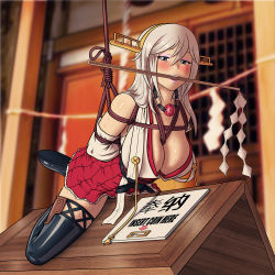Rule 34 | 10s, 1girl, absurdres, alisa ilinichina amiella, ball gag, bare shoulders, bdsm, blush, bondage, boots, bound, box, breasts, cleavage, cosplay, donation box, gag, gag around neck, god eater, grey eyes, haruna (kancolle), highres, japanese clothes, kantai collection, large breasts, long hair, makeup, miko, miniskirt, reptileye, rope, shibari, shrine, silver hair, skirt, smile, solo, sweat, thigh boots, thighhighs, unworn gag, wooden horse