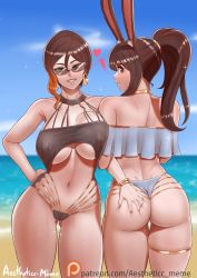 Rule 34 | 2girls, aestheticc-meme, artist name, ass, ass grab, back, beach, bikini, blush, bracelet, breasts, brown eyes, brown hair, coco adel, highres, jewelry, large breasts, long hair, looking at viewer, looking back, multiple girls, navel, outdoors, ponytail, pussy juice, pussy juice drip, rwby, smile, stomach, sunglasses, swimsuit, thighs, tinted eyewear, velvet scarlatina